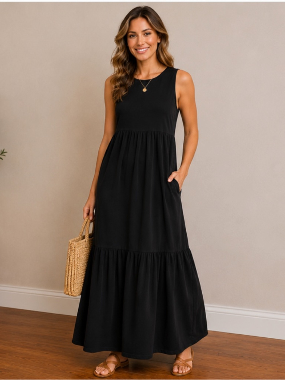 NWT ANRABESS Women’s Black Tiered Sleeveless Maxi Dress, size Large
